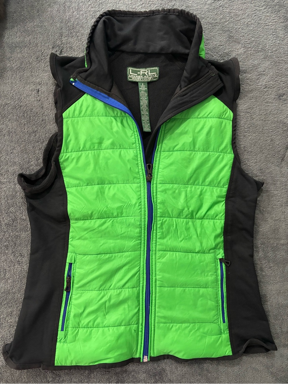 LRL Ralph Lauren Active Women's Small Green & Black Quilted Puffer Vest Zip Up